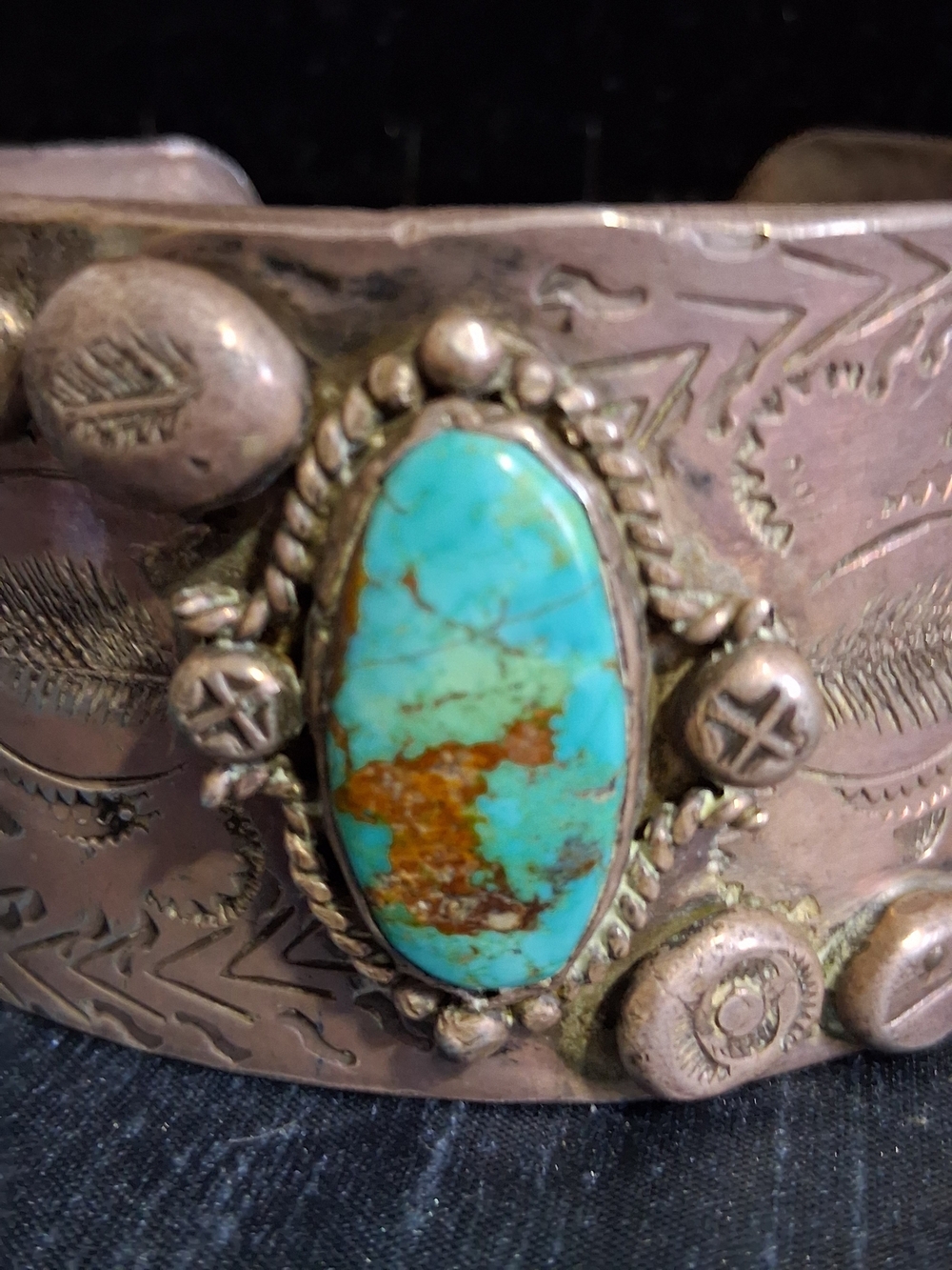 Old Pawn Native American Turquoise Oval Stone Sterling Silver Cuff Bracelet - Picture 6 of 16